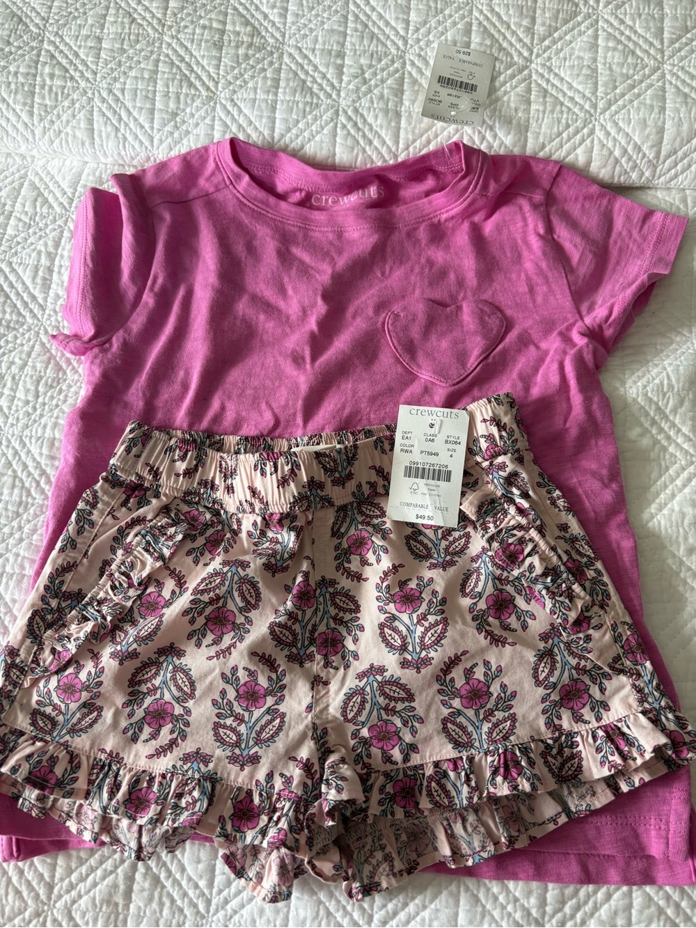 NWT Crewcuts Hot Pink Heart Tee with Cream Floral Ruffle Shorts